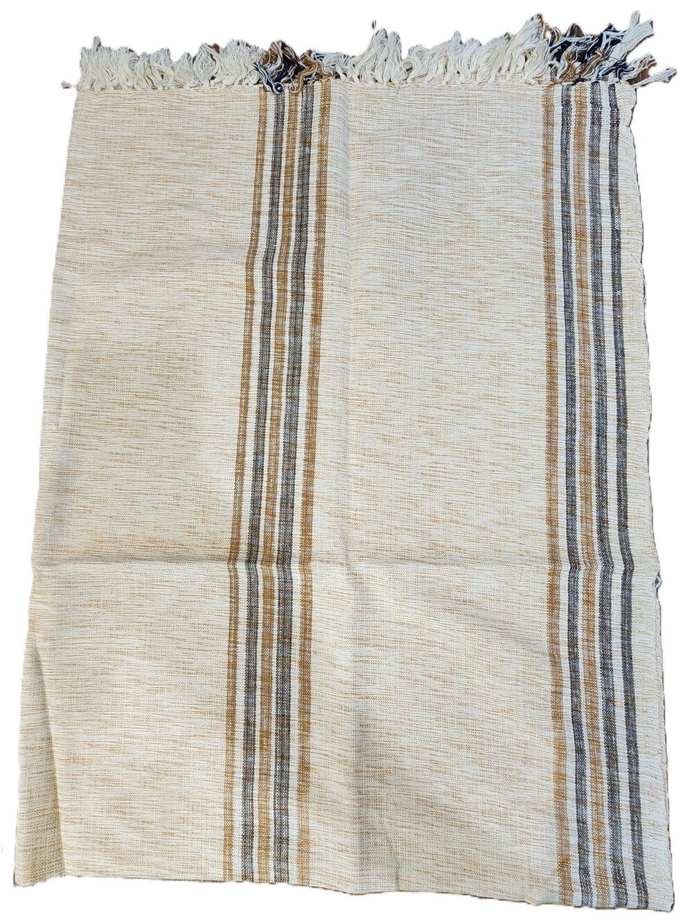 Mid-Century Modern Linen Tablecloth 41" x 56" Beige w/Brown Stripes Tasseled